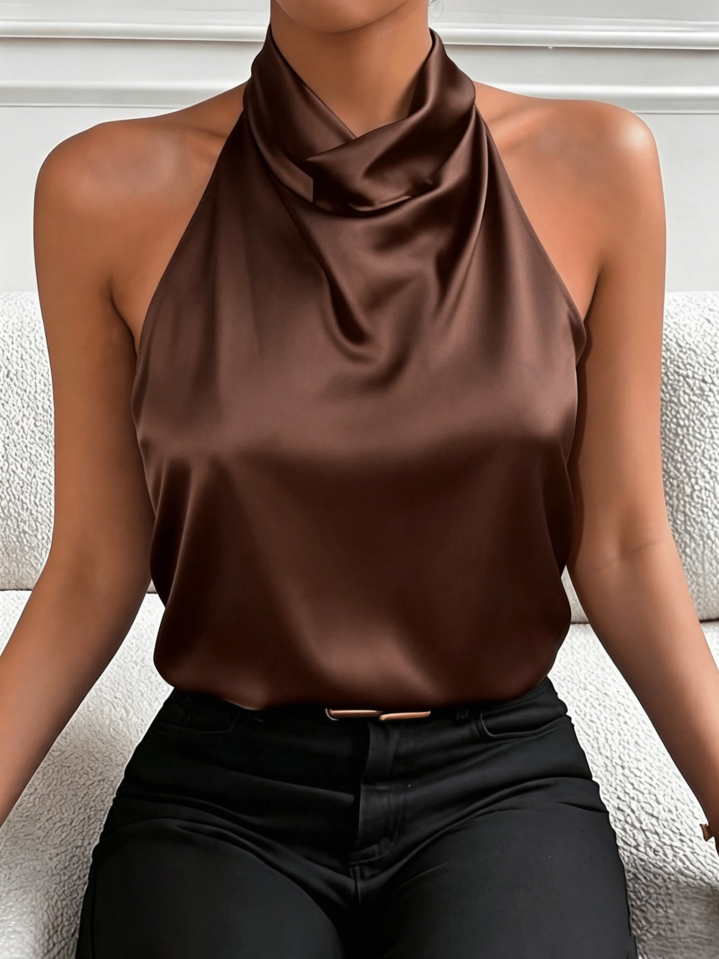 Elegant White Satin Blouse for Women with Cowl Neck Halter Draped Silky Style