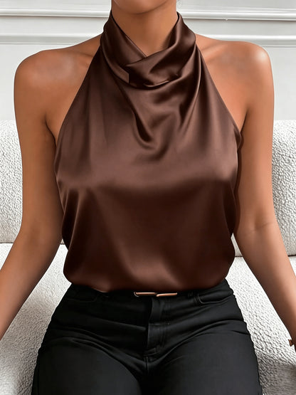 Elegant White Satin Blouse for Women with Cowl Neck Halter Draped Silky Style