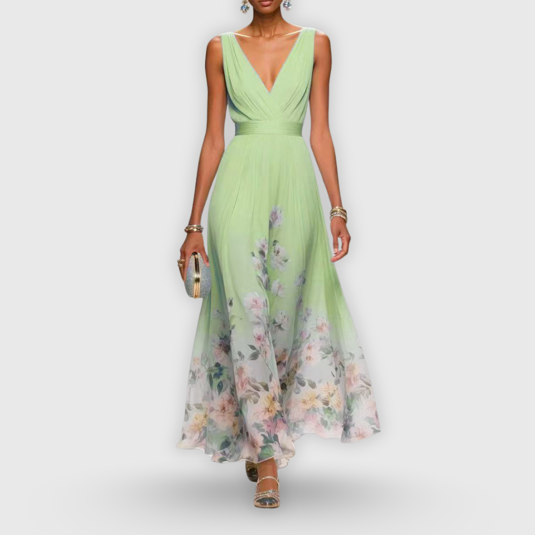 Elegant Floral Maxi Dress for Women with V Neck Sleeveless Flowy Skirt Formal Wedding Guest Style