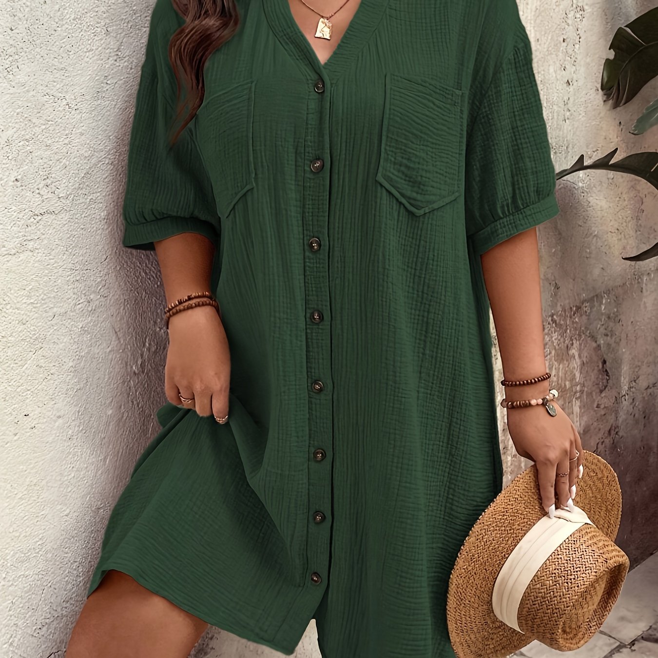 Effortless Textured Cotton Shirt Dress for Women with Collar Elbow Sleeve Button Front Patch Pocket Casual Style