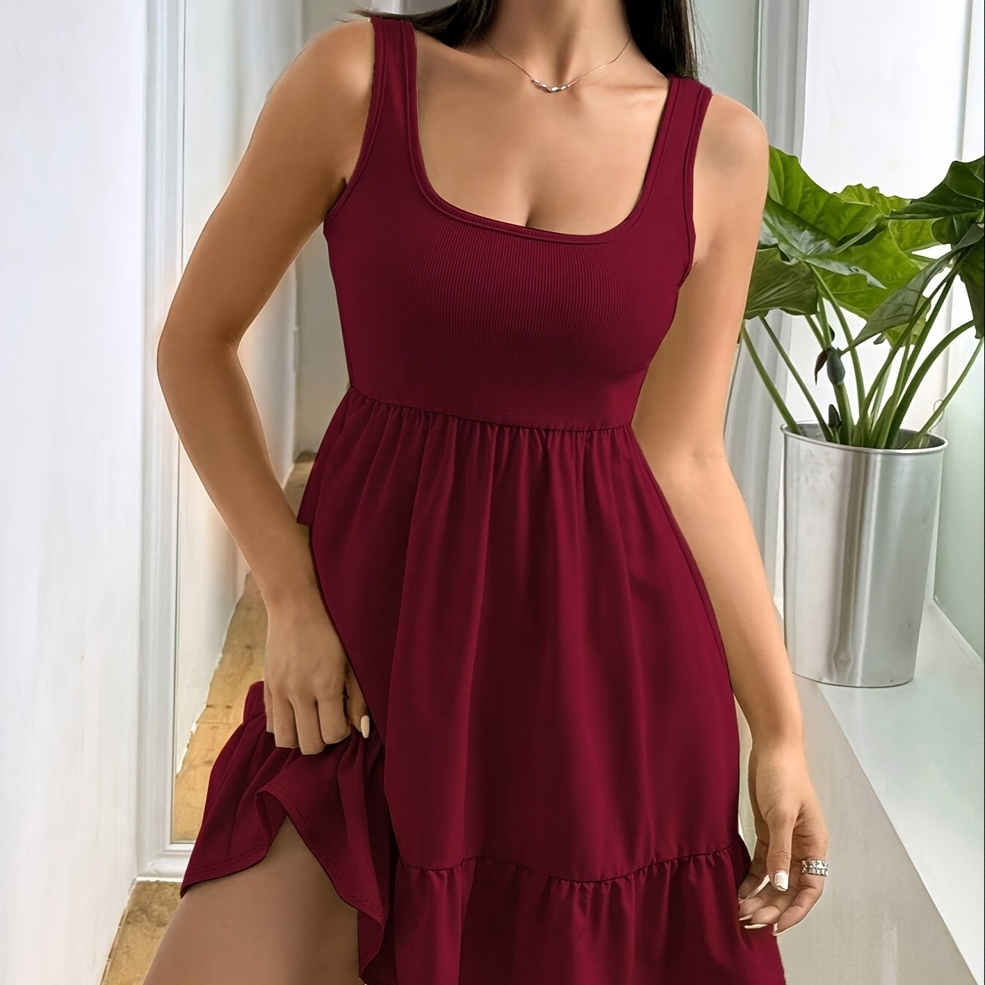Effortless Ribbed Tiered Mini Dress for Women with Square Neck Sleeveless Smocked Waist Flowy Casual Style