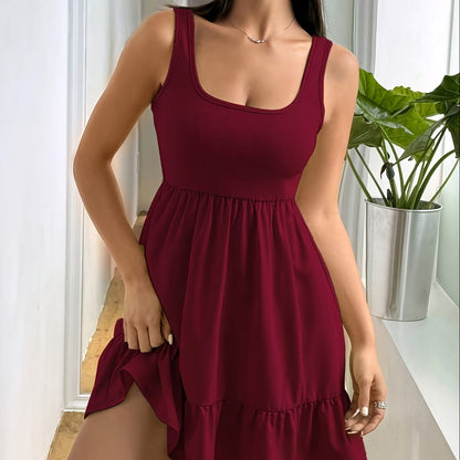 Effortless Ribbed Tiered Mini Dress for Women with Square Neck Sleeveless Smocked Waist Flowy Casual Style