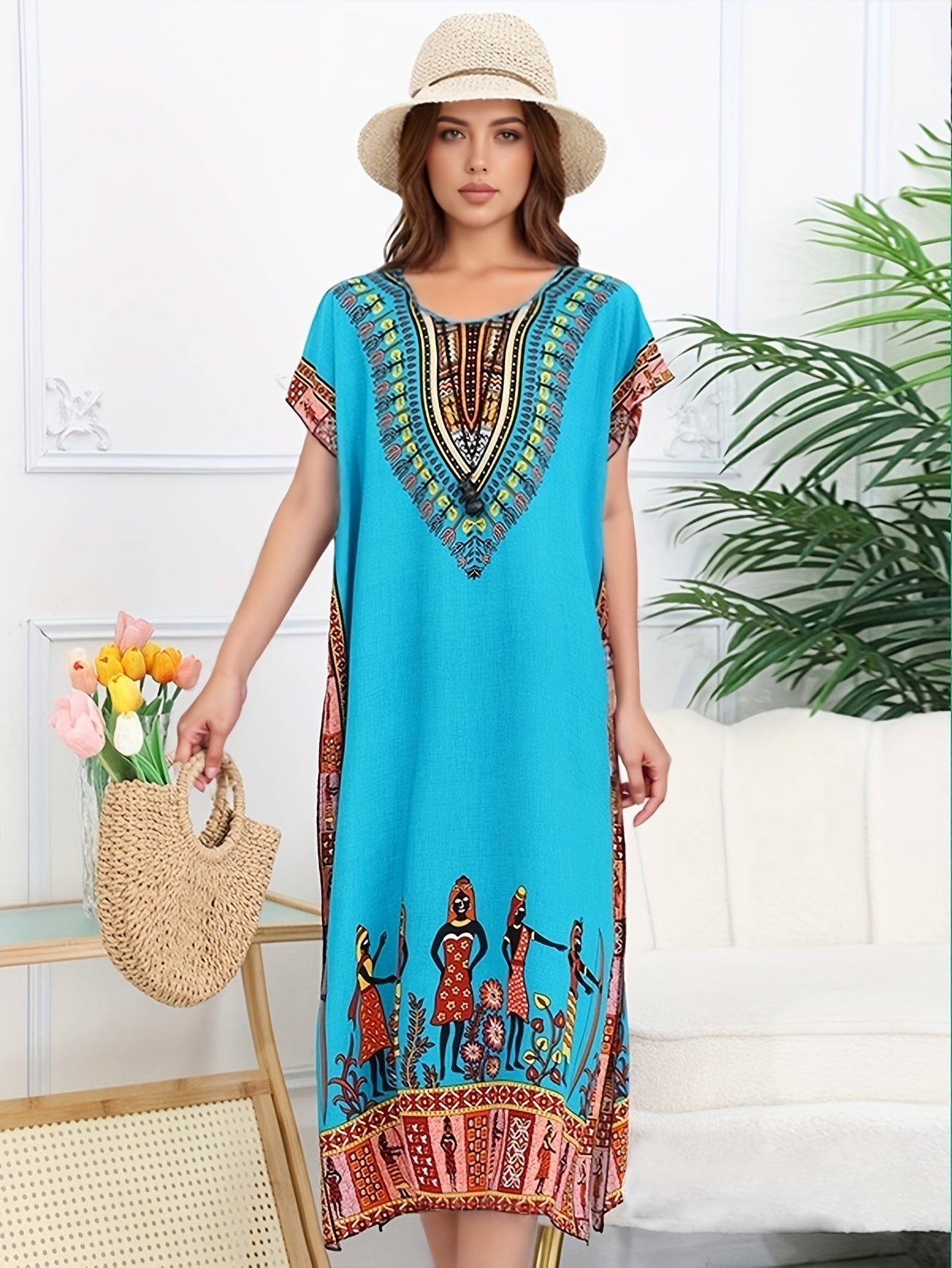 Effortless Dashiki Print Kaftan Dress for Women with V Neck Short Sleeve Relaxed Bohemian Style