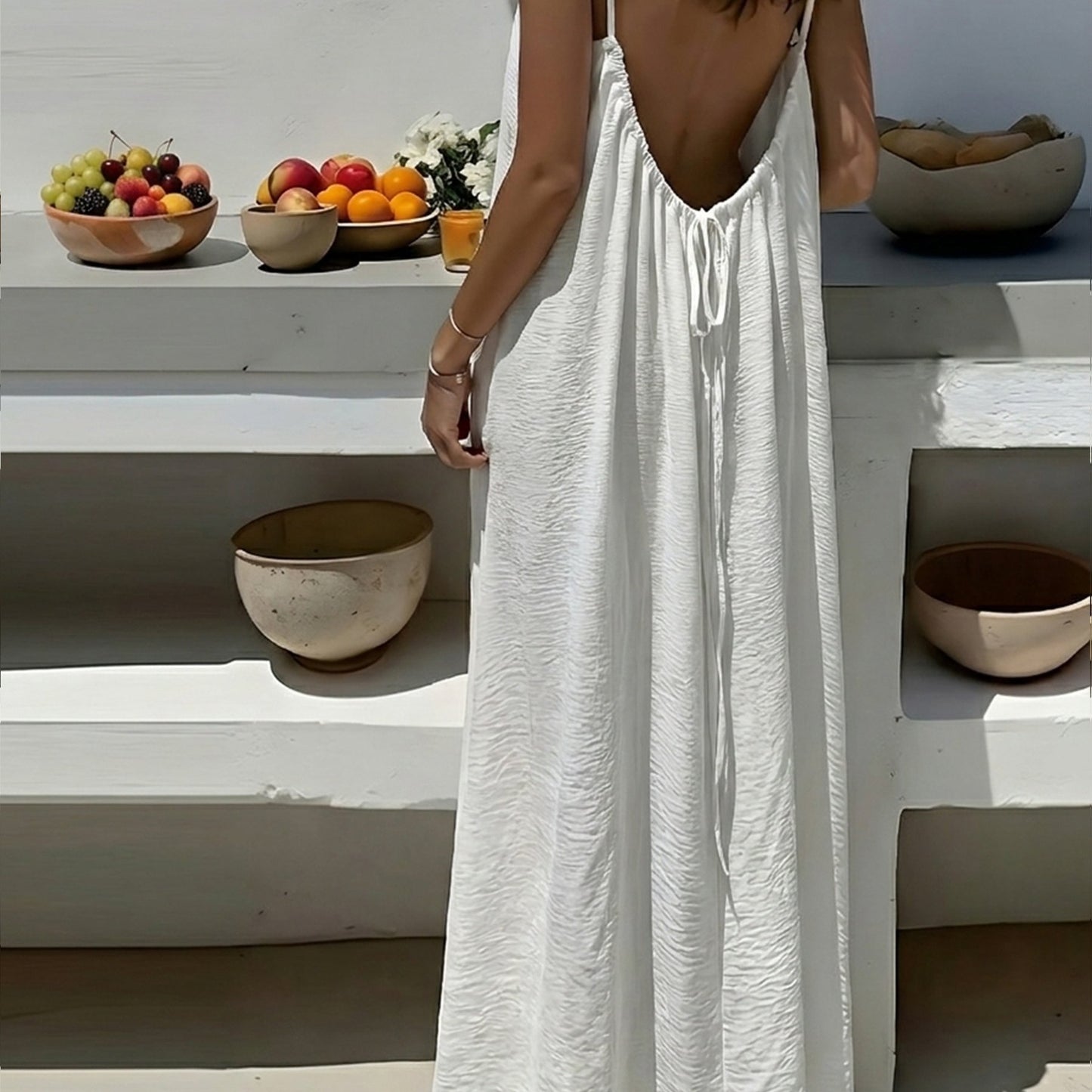 Effortless Crinkled Maxi Dress for Women with Scoop Back Spaghetti Strap Drawstring Flowing Bohemian Style