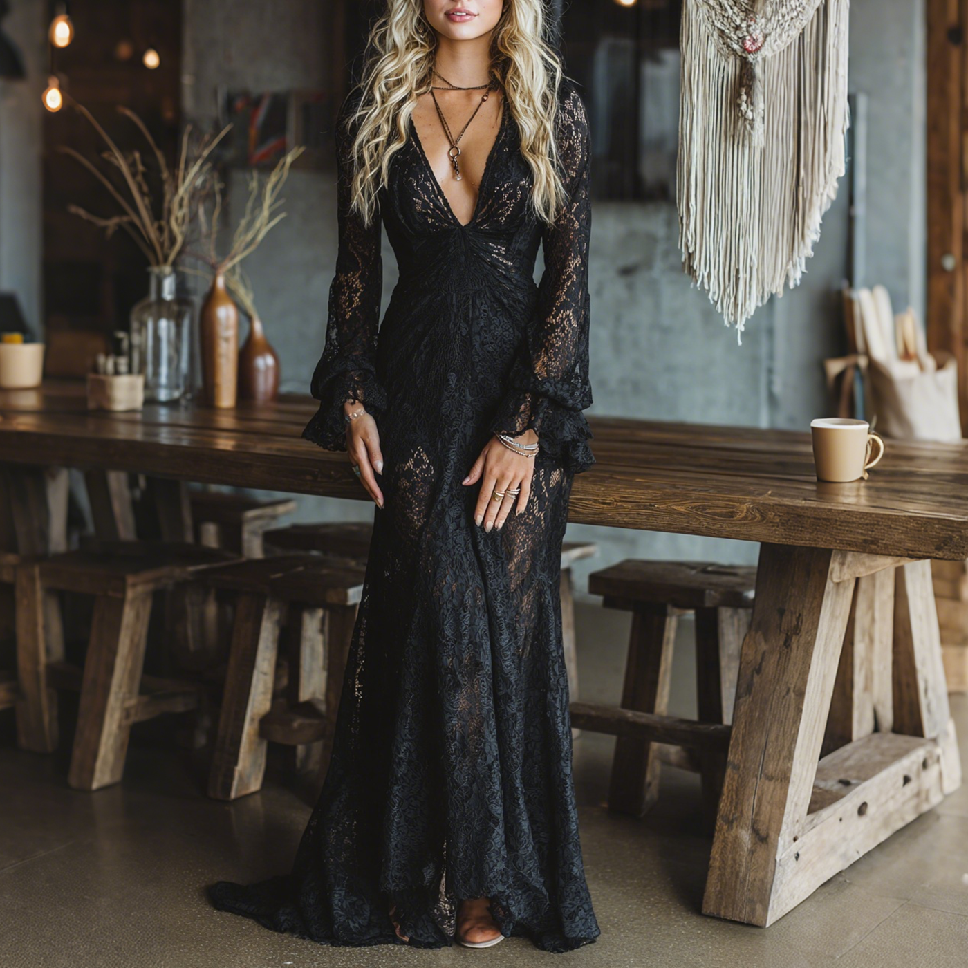 Elegant Black Lace Maxi Dress for Women with V Neck Bell Sleeve Sheer Bohemian Style