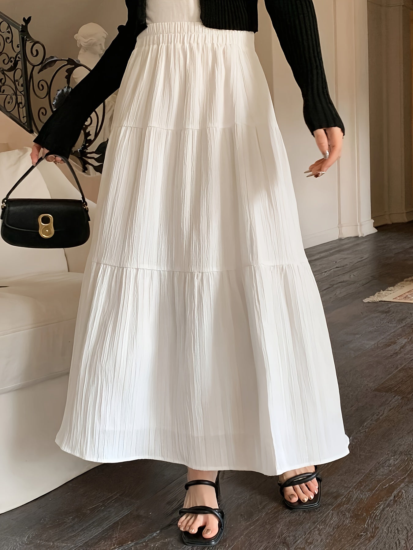 Elegant White Tiered Maxi Skirt for Women with High Waist Elastic Flowing A Line Style