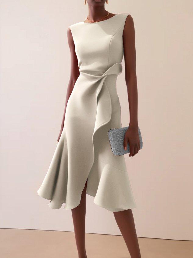Elegant Draped Midi Dress for Women with Round Neck Sleeveless Asymmetrical Ruffle Flowing Style