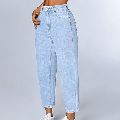 Effortless Light Blue Relaxed Mom Jeans for Women with High Waist Tapered Cuffed Hem
