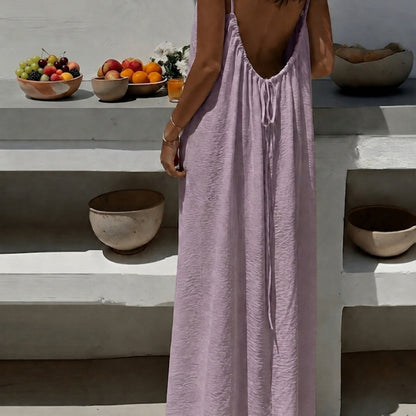 Effortless Crinkled Maxi Dress for Women with Scoop Back Spaghetti Strap Drawstring Flowing Bohemian Style
