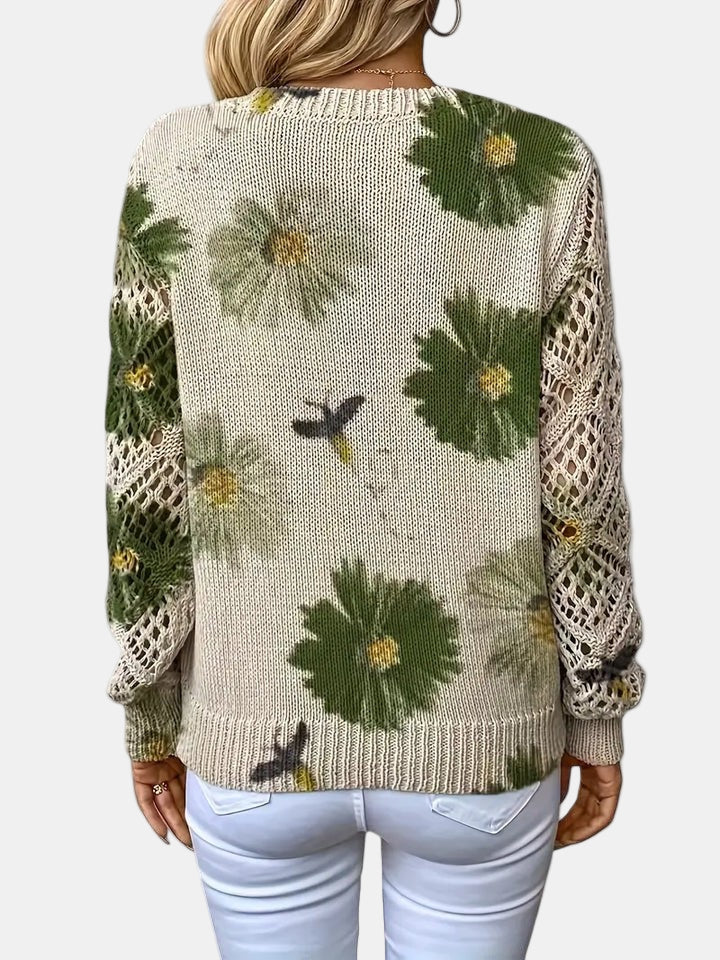 Comfortable Floral Print Sweater for Women with V Neck Long Sleeve Crochet Lace Oversized Knit Style