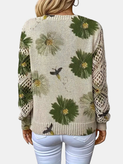 Comfortable Floral Print Sweater for Women with V Neck Long Sleeve Crochet Lace Oversized Knit Style