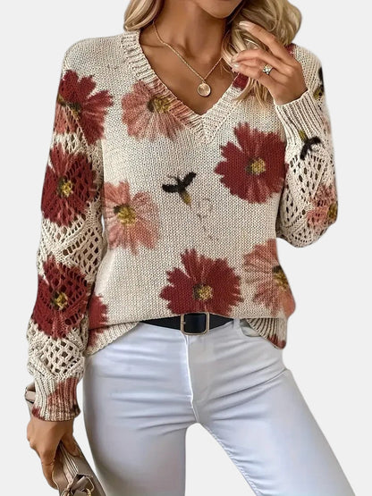 Comfortable Floral Print Sweater for Women with V Neck Long Sleeve Crochet Lace Oversized Knit Style