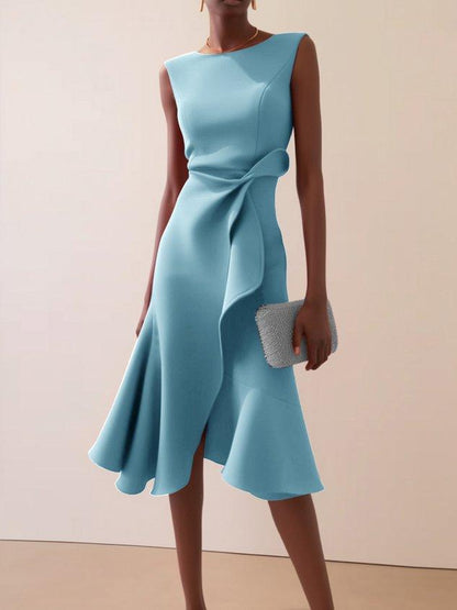 Elegant Draped Midi Dress for Women with Round Neck Sleeveless Asymmetrical Ruffle Flowing Style
