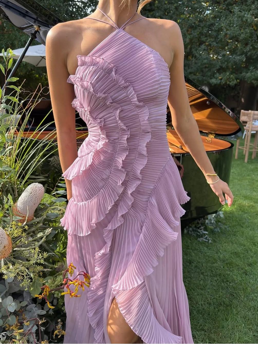 Elegant Tiered Ruffle Midi Dress for Women with One Shoulder Flowy Formal Wedding Guest Style