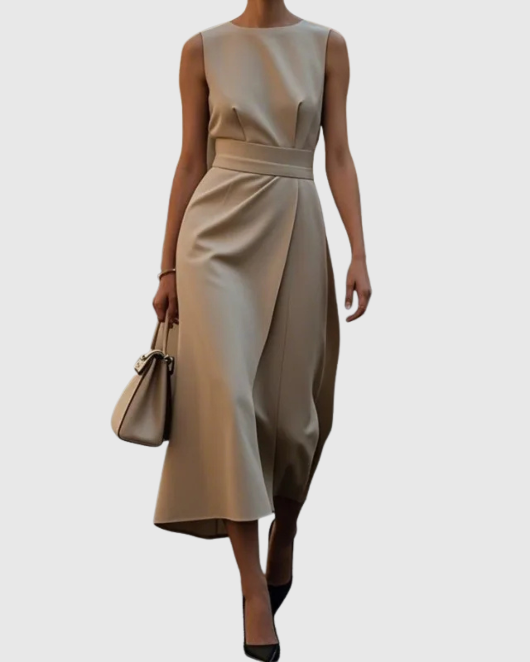 Elegant Satin Midi Dress for Women with Round Neck Sleeveless Wrap Waist Formal Wedding Guest Style