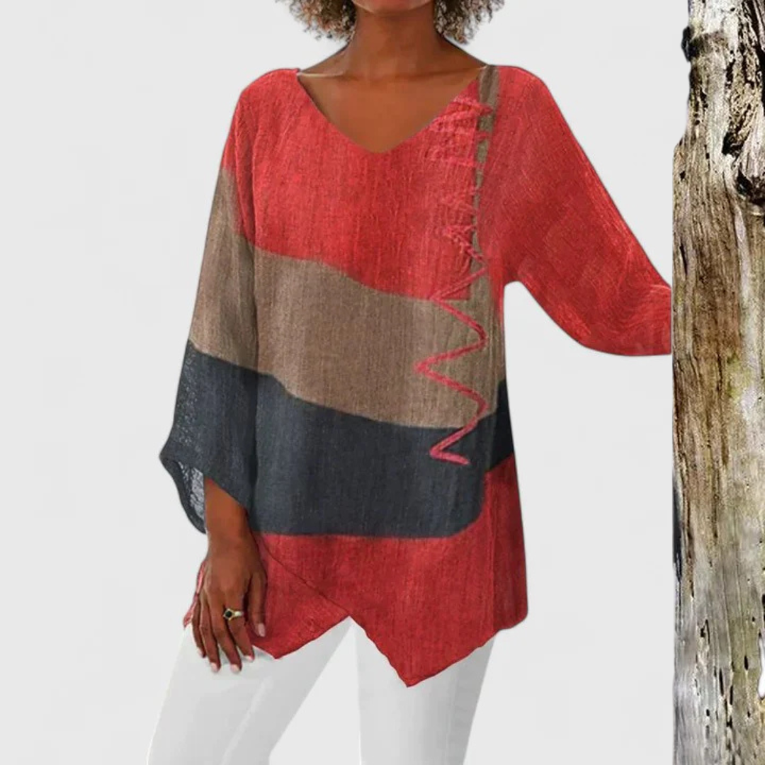 Effortless Colorblock Tunic Top for Women with V Neck Batwing Sleeve Asymmetrical Hem Bohemian Style