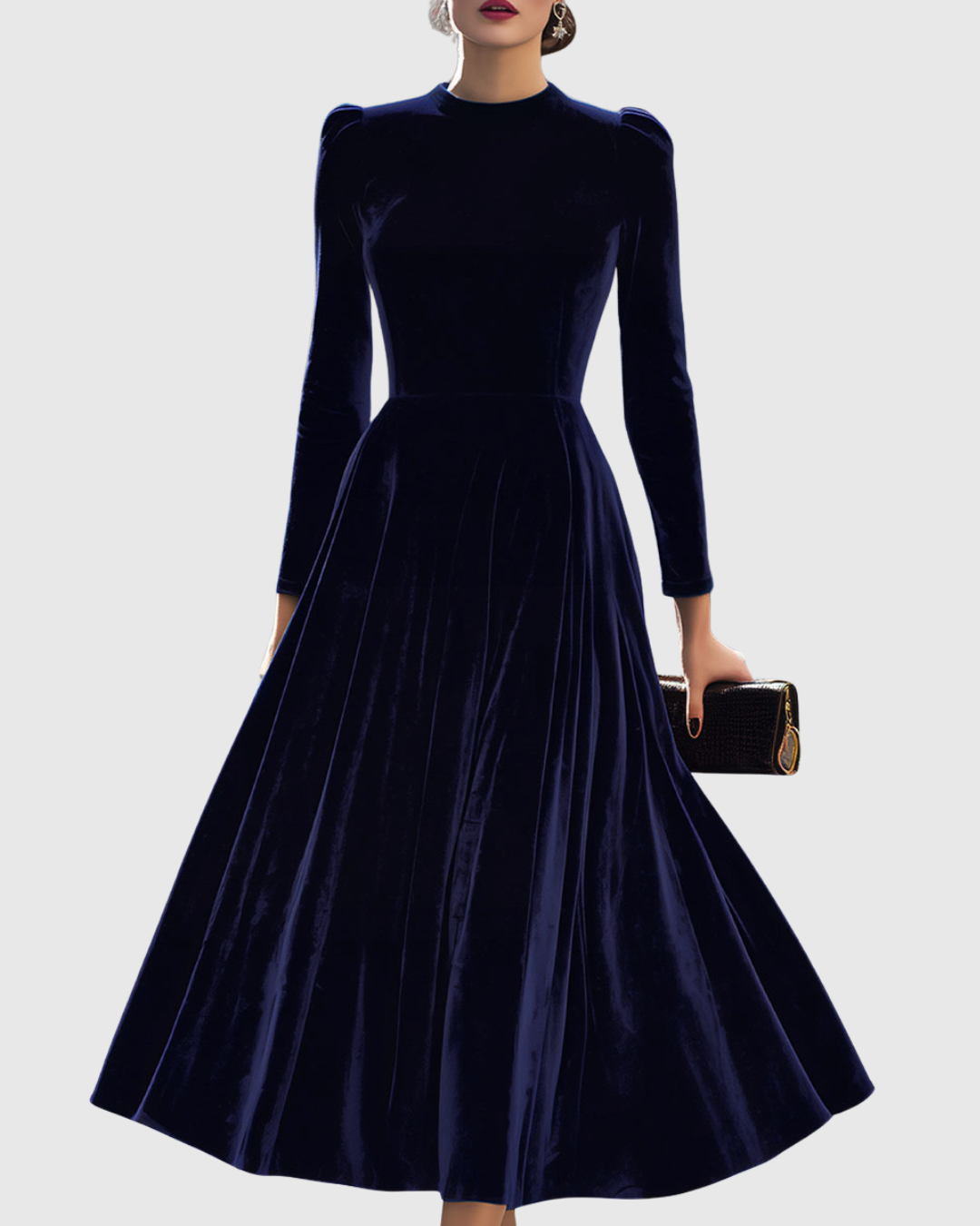 Elegant Navy Blue Velvet Maxi Dress for Women with High Neck Long Sleeve Fit and Flare Formal Wedding Guest Style