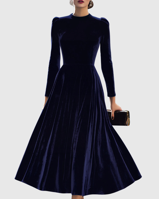 Elegant Navy Blue Velvet Maxi Dress for Women with High Neck Long Sleeve Fit and Flare Formal Wedding Guest Style