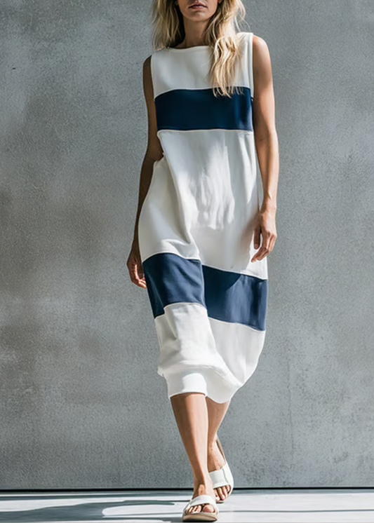 Effortless White Colorblock Linen Midi Dress for Women with Sleeveless Relaxed Flowing Silhouette