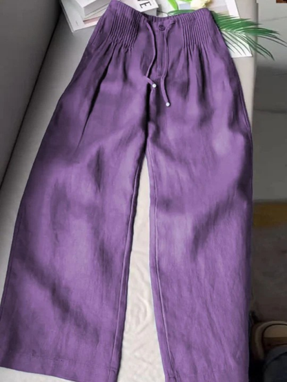 Effortless Linen Wide Leg Pants for Women with Smocked Waist Drawstring Relaxed Flowing Style