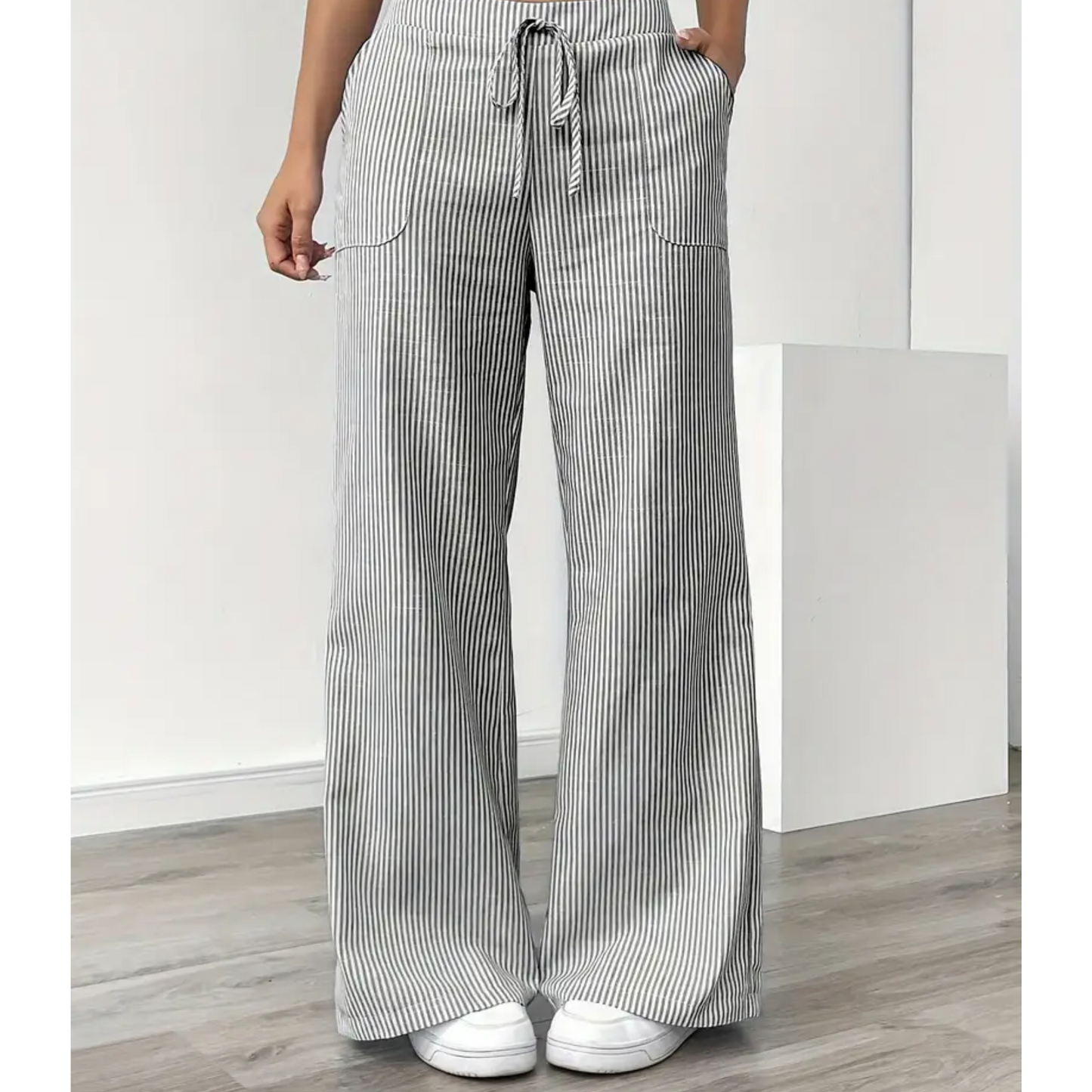 Effortless Striped Wide Leg Pants for Women with High Waist Drawstring Side Pocket Relaxed Casual Style