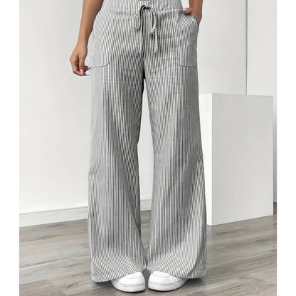 Effortless Striped Wide Leg Pants for Women with High Waist Drawstring Side Pocket Relaxed Casual Style