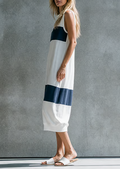 Effortless White Colorblock Linen Midi Dress for Women with Sleeveless Relaxed Flowing Silhouette