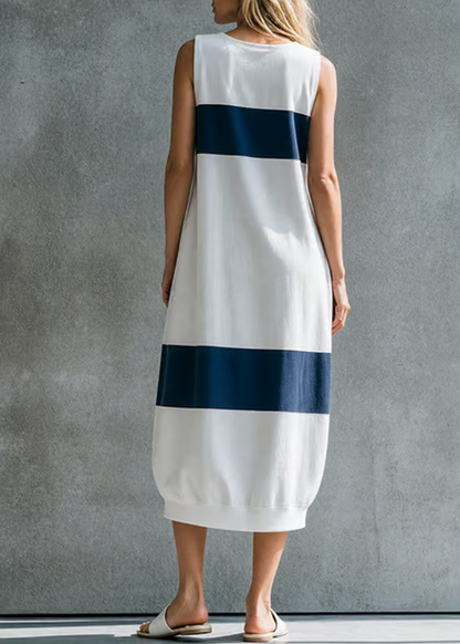 Effortless White Colorblock Linen Midi Dress for Women with Sleeveless Relaxed Flowing Silhouette