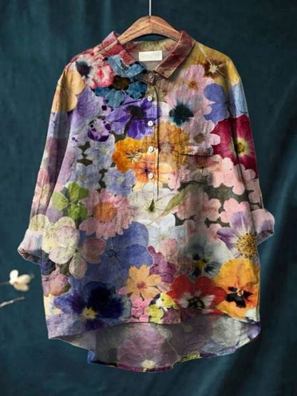 Effortless Floral Blouse for Women with Collar Long Sleeve Button Front High Low Hem Style