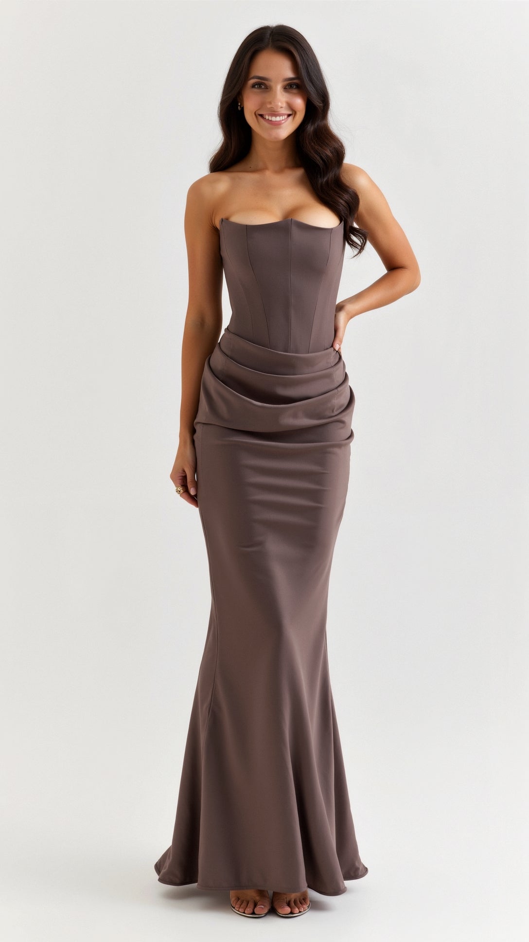 Elegant Velvet Maxi Dress for Women with Strapless Ruched Bodice Mermaid Hem Formal Wedding Guest Style