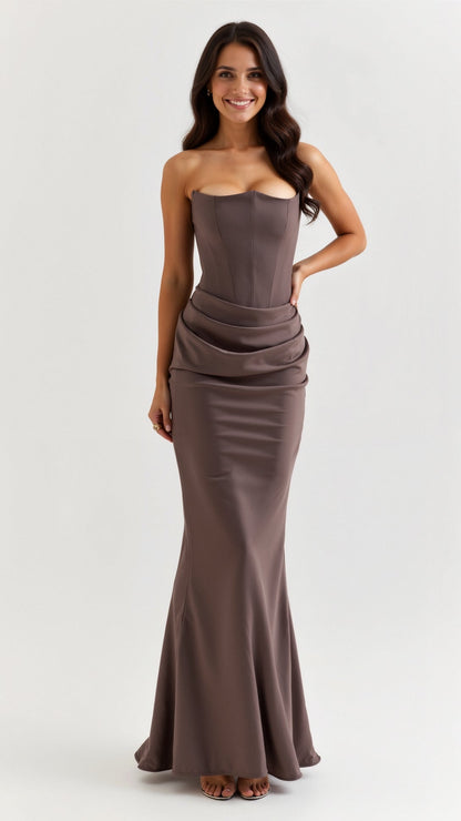 Elegant Velvet Maxi Dress for Women with Strapless Ruched Bodice Mermaid Hem Formal Wedding Guest Style
