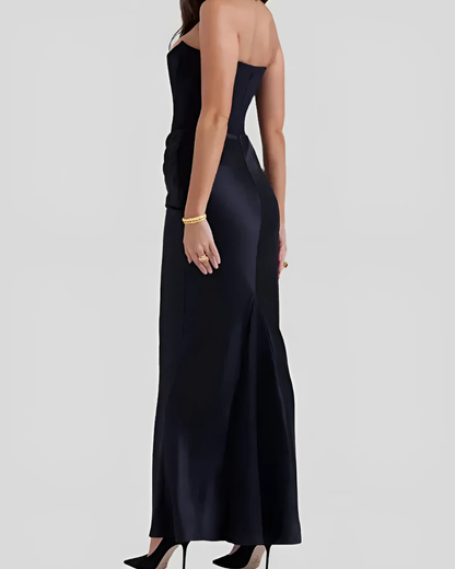 Elegant Satin Maxi Dress for Women with Strapless Ruched Bodice Column Formal Wedding Guest Style