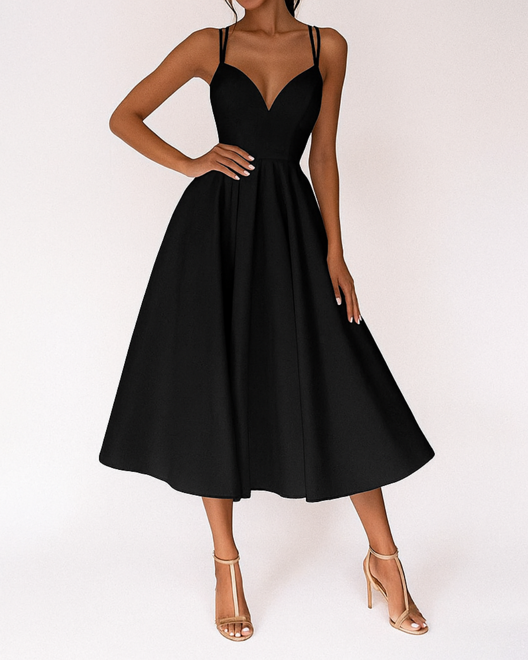 Elegant Midi Dress for Women with Deep V Neck Spaghetti Strap Full Skirt Formal Wedding Guest Style