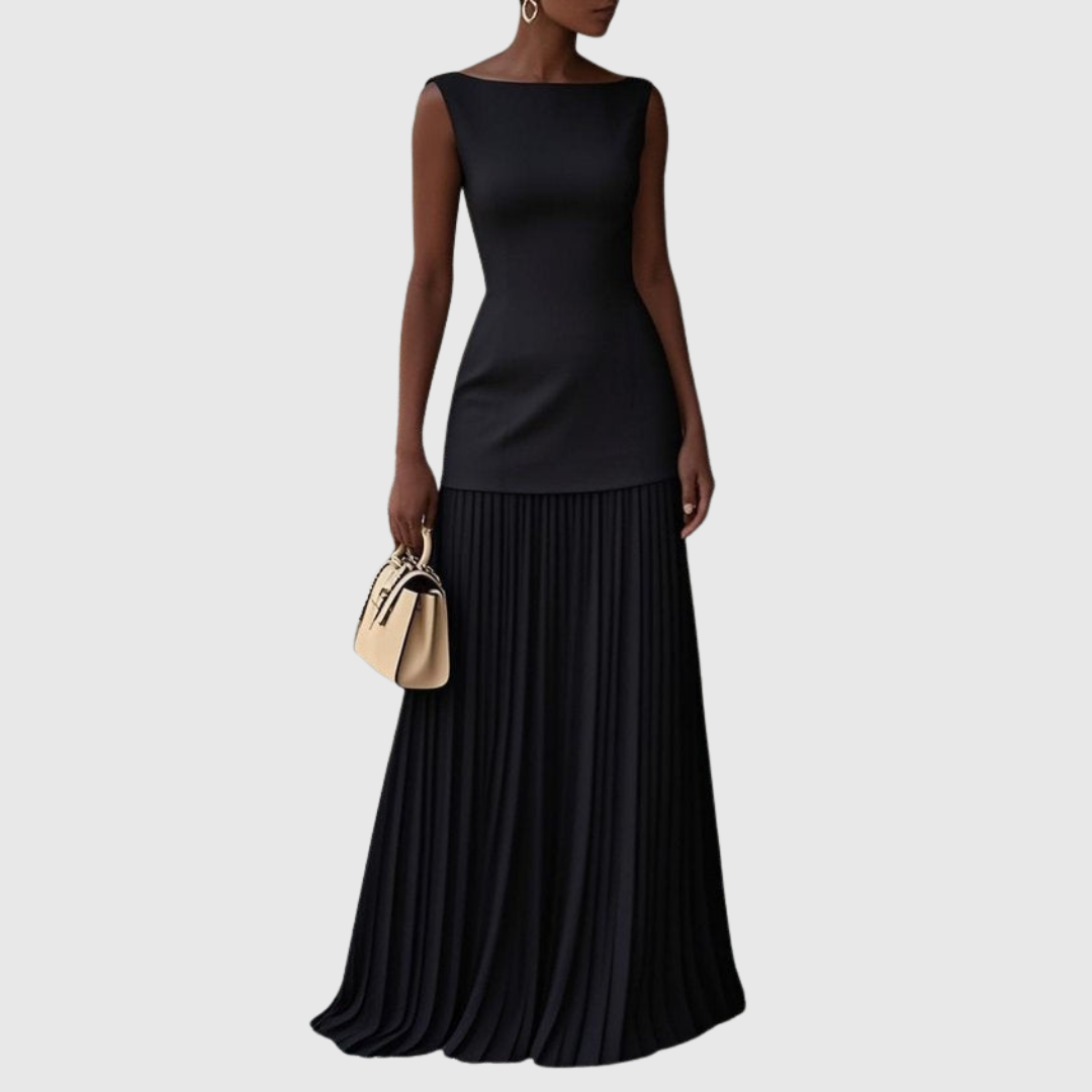 Elegant Chiffon Maxi Dress for Women with Boat Neck Sleeveless Drop Waist Formal Wedding Guest Style