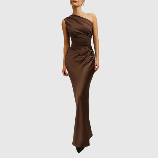 Elegant Satin Maxi Dress for Women with One Shoulder Ruched Bodice Column Formal Wedding Guest Style