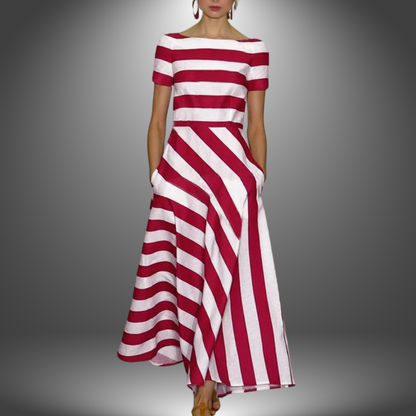 Elegant Striped Maxi Dress for Women with Boat Neck Short Sleeve Asymmetric Hem Flowing Style