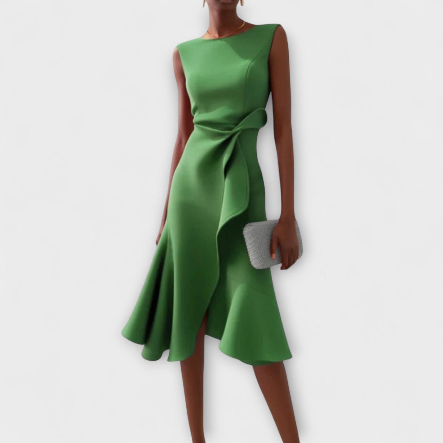 Elegant Satin Midi Dress for Women with Round Neck Sleeveless Draped Wrap Ruffle Formal Wedding Guest Style