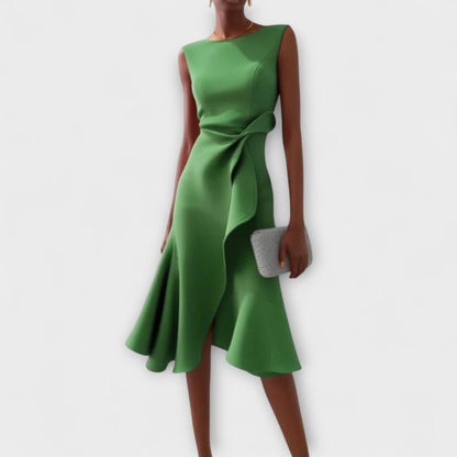 Elegant Satin Midi Dress for Women with Round Neck Sleeveless Draped Wrap Ruffle Formal Wedding Guest Style