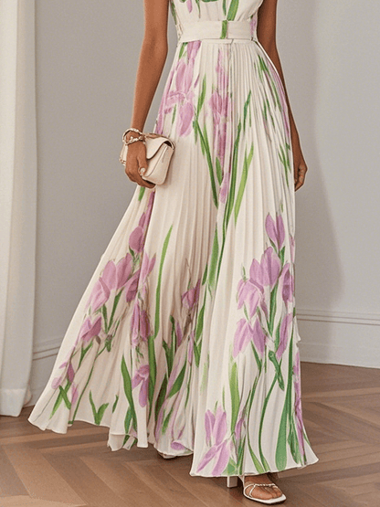 Elegant Floral Maxi Dress for Women with Square Neck Sleeveless Pleated Flowing Wedding Guest Style