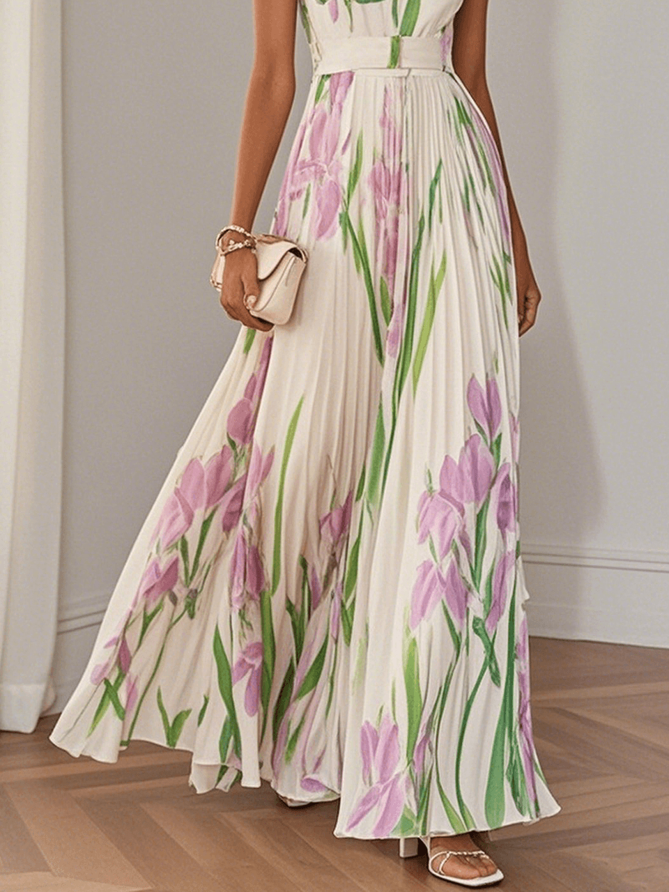 Elegant Floral Maxi Dress for Women with Square Neck Sleeveless Belted Pleated Flowing Style
