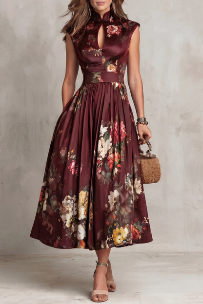 Elegant Floral Midi Dress for Women with High Keyhole Neck Sleeveless Pleated Flowing Formal Wedding Guest Style