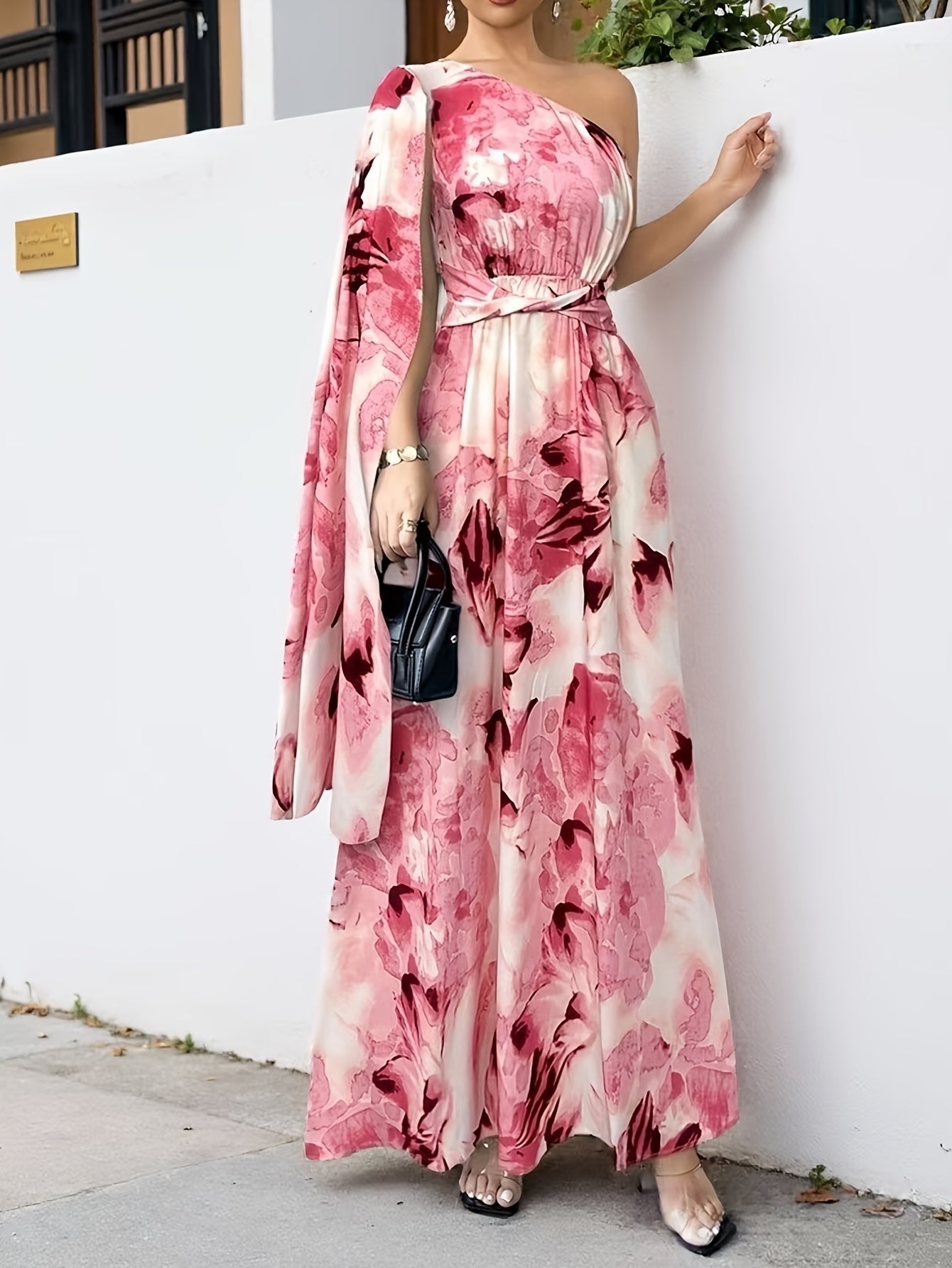 Elegant Floral Maxi Dress for Women with One Shoulder Draped Sleeve Formal Wedding Guest Style