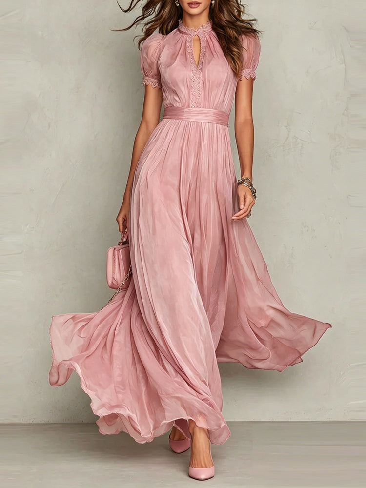 Elegant Chiffon Maxi Dress for Women with High Neck Puff Sleeve Keyhole Flowing Wedding Guest Style