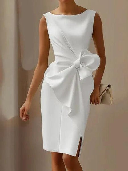 Elegant Satin Sheath Dress for Women with Boat Neck Sleeveless Bow Embellished Cocktail Style