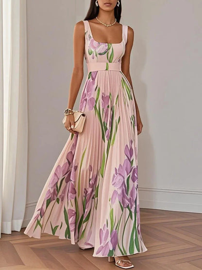 Elegant Floral Maxi Dress for Women with Square Neck Sleeveless Pleated Flowing Wedding Guest Style