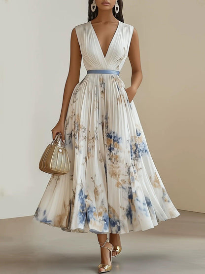 Effortless White Tie Dye Midi Dress for Women with V Neck Sleeveless Pleated Belted Flowing Style