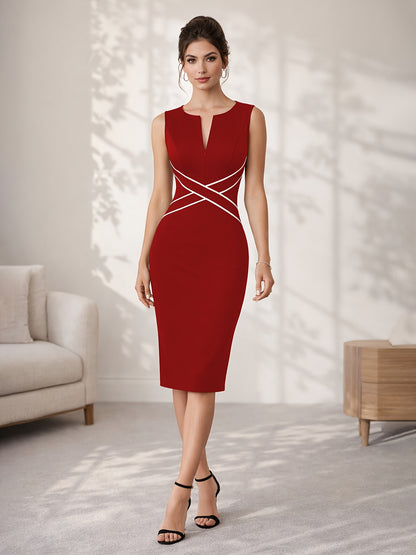 Elegant Contrast Piping Sheath Dress for Women with Split Neck Sleeveless Bodycon Crisscross Waist Cocktail Style