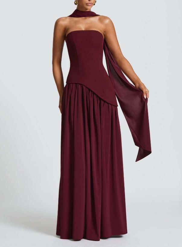 Elegant Draped Maxi Dress for Women with Strapless High Slit Asymmetric Ruched Formal Wedding Guest Style