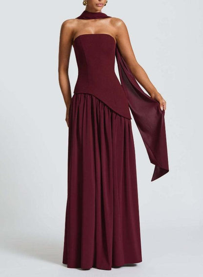 Elegant Draped Maxi Dress for Women with Strapless High Slit Asymmetric Ruched Formal Wedding Guest Style