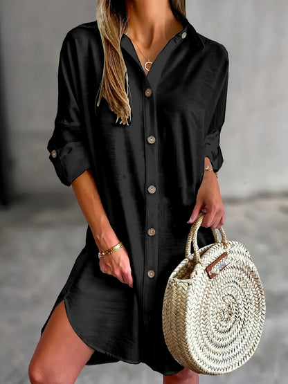 Effortless Button Front Shirt Dress for Women with Collar Long Sleeve Relaxed Oversized Style